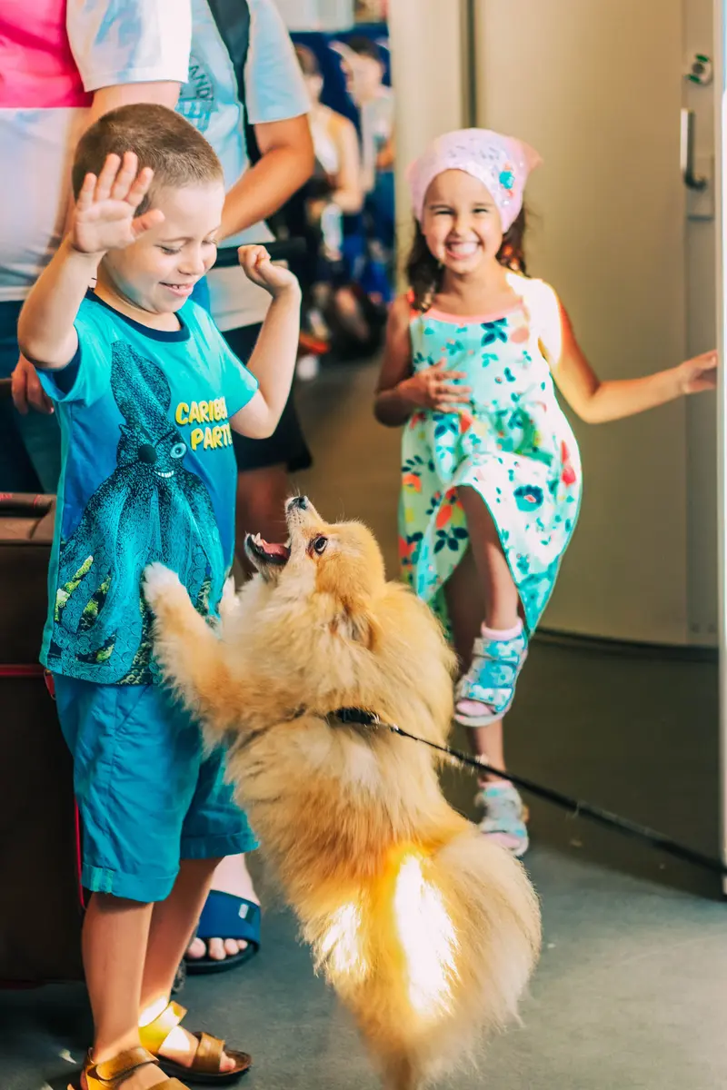 Two children at a front door, laughing, as a Pomeranian runs in to greet them.